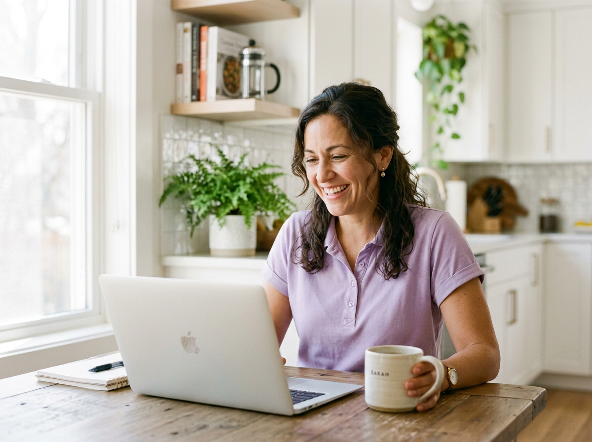 Business owner checking her search rankings on a laptop at home